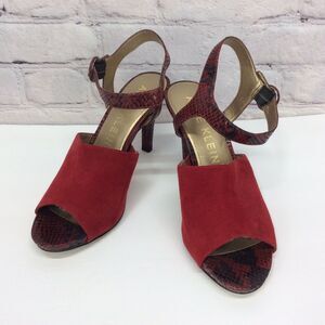 Anne Klein High Heel Sandals Women's Sz 8.5 Red/Wine Vegan Snake Print Peep Toe